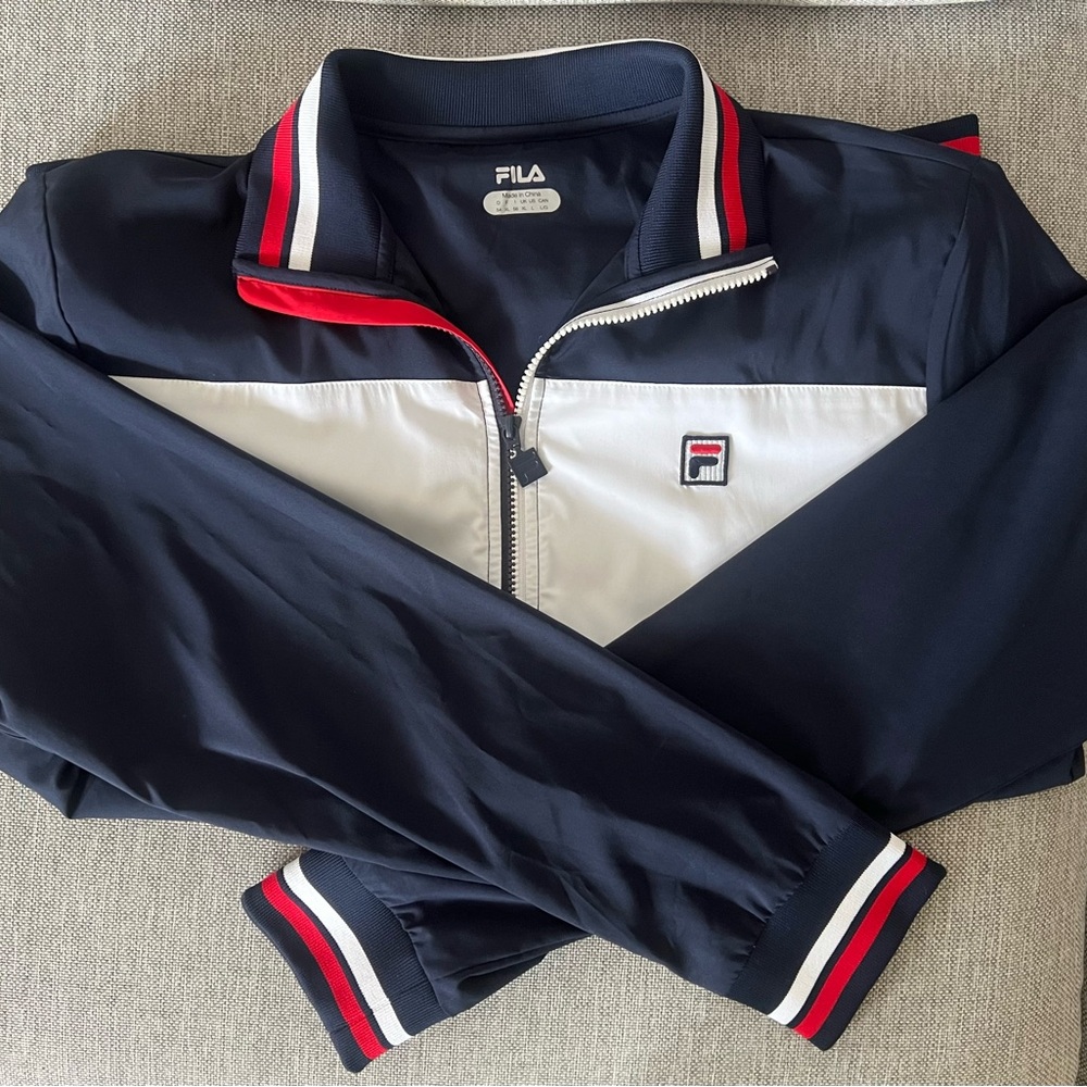 Fila Navy and White Zip-Up Jacket with Red Trim